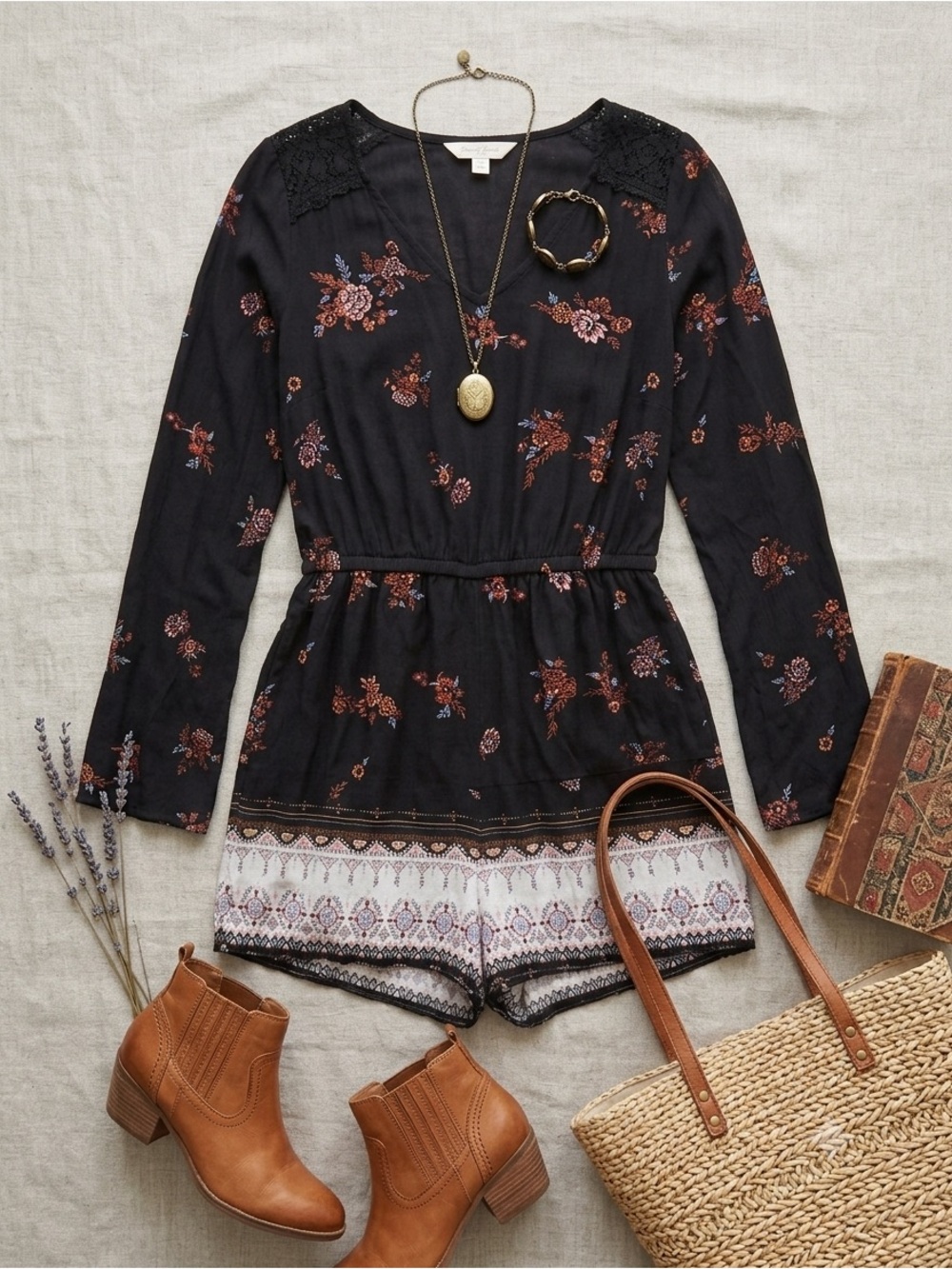 Mudd Black Floral Print V-Neck Romper size small